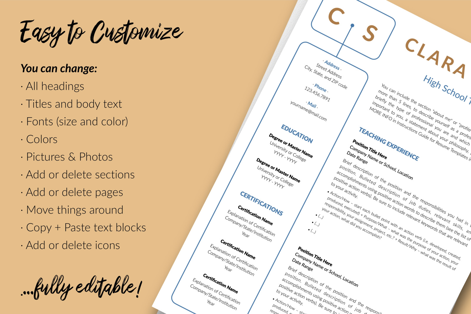 Teacher Resume Template for Microsoft Word & Apple Pages // Clara Stone CV Design Template Teacher Resume Template for Microsoft Word & Apple Pages // Clara Stone CV Design Template