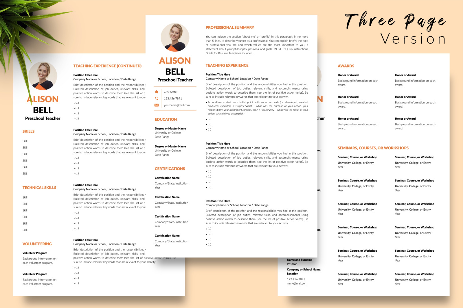 Teacher Resume Template for Microsoft Word &amp; Apple Pages // Alison Bell CV Design Template