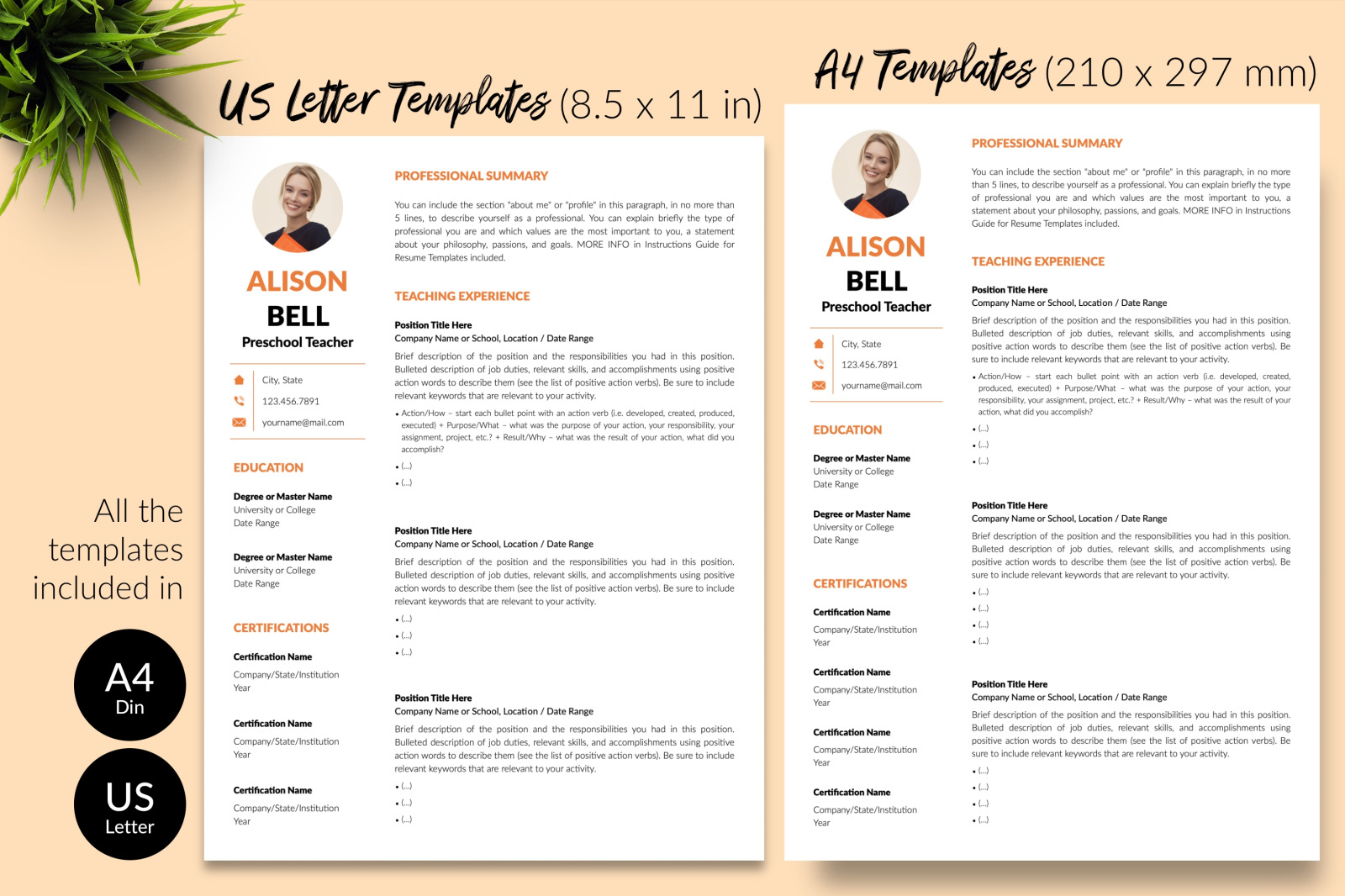 Teacher Resume Template for Microsoft Word &amp; Apple Pages // Alison Bell CV Design Template