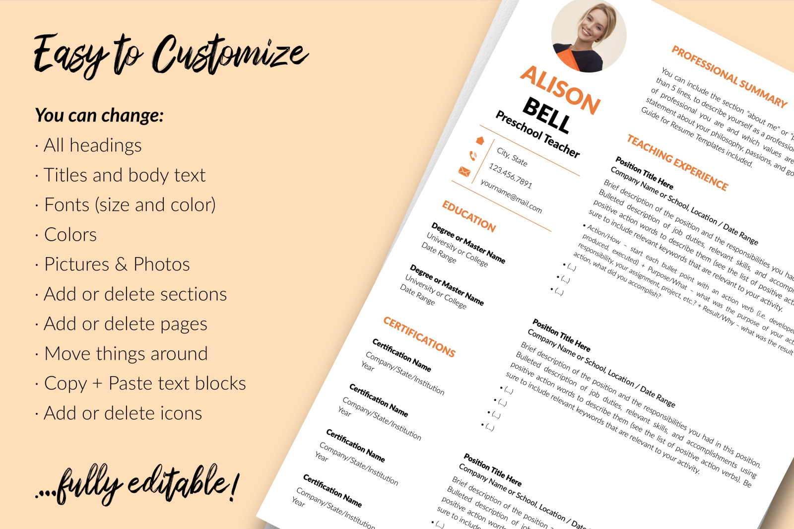 Teacher Resume Template for Microsoft Word &amp; Apple Pages // Alison Bell CV Design Template