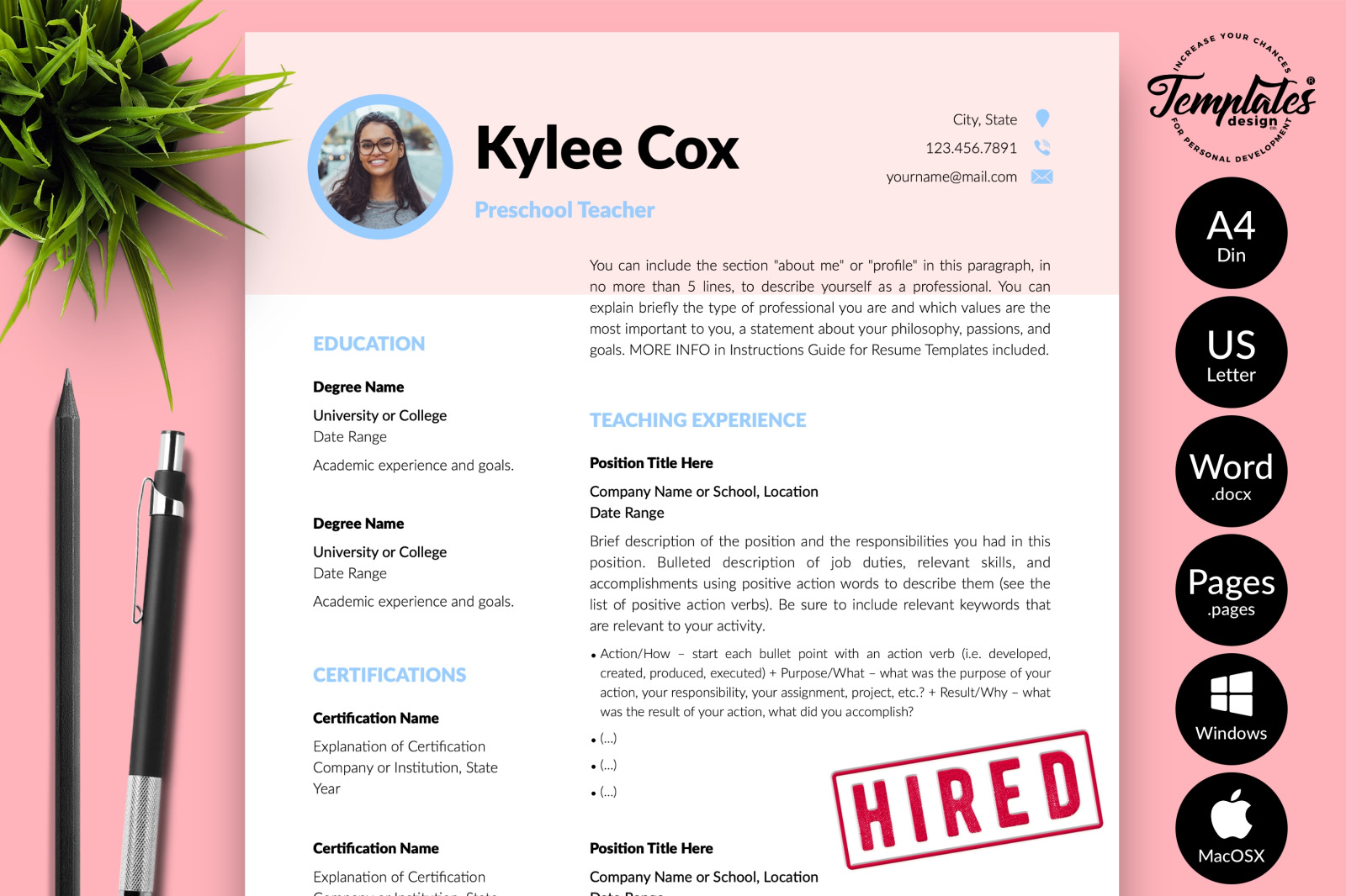 Teacher Resume Template for Microsoft Word &amp; Apple Pages // Kylie Cox CV Design Template