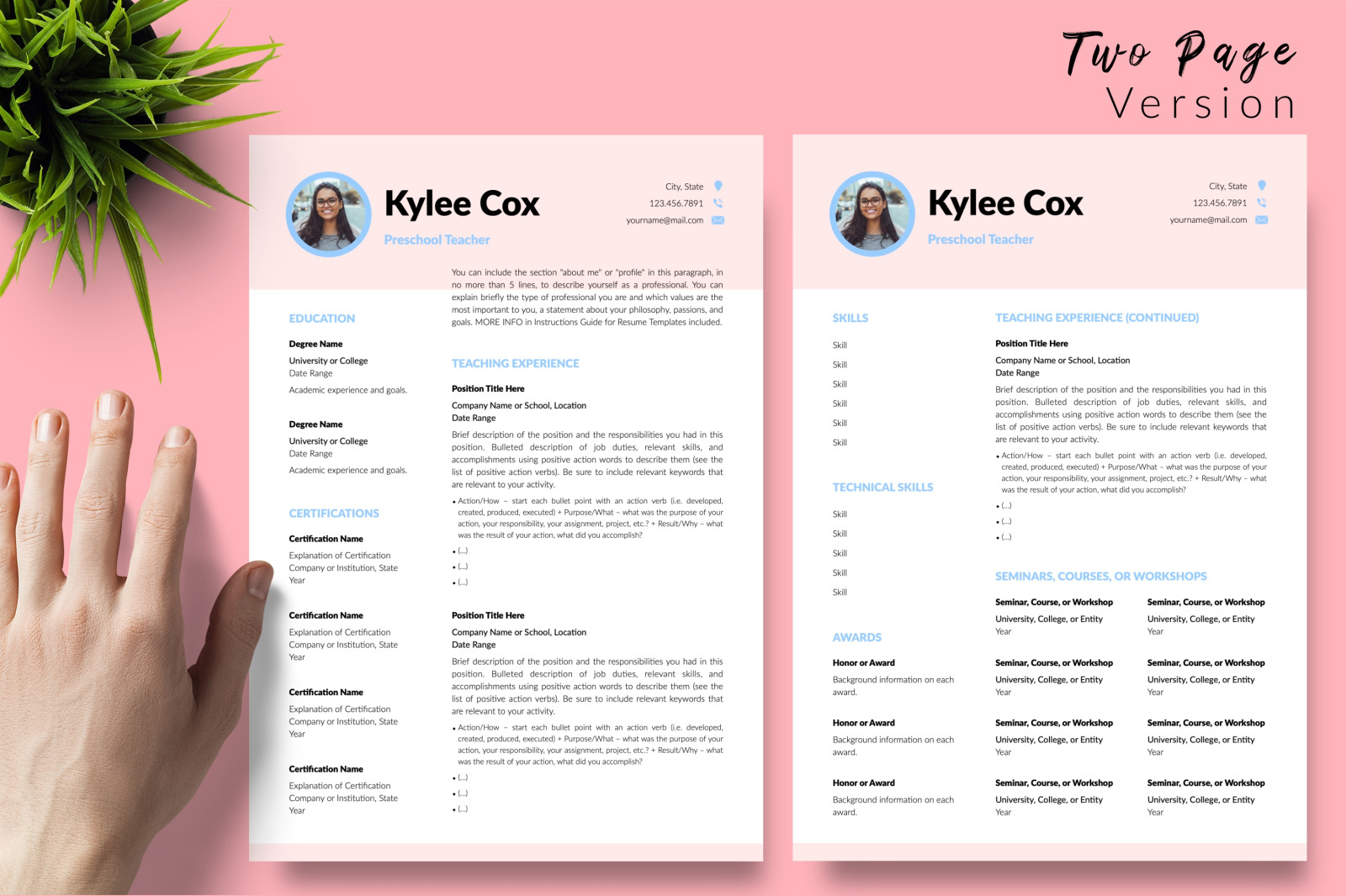 Teacher Resume Template for Microsoft Word &amp; Apple Pages // Kylie Cox CV Design Template