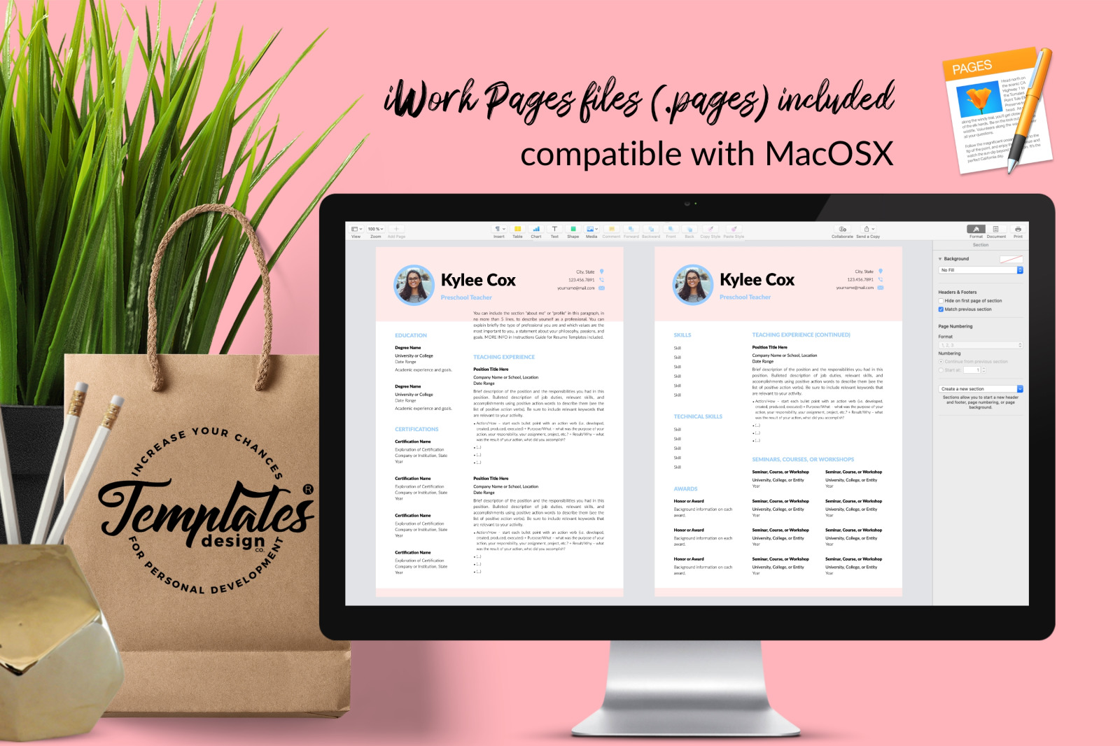 Teacher Resume Template for Microsoft Word &amp; Apple Pages // Kylie Cox CV Design Template