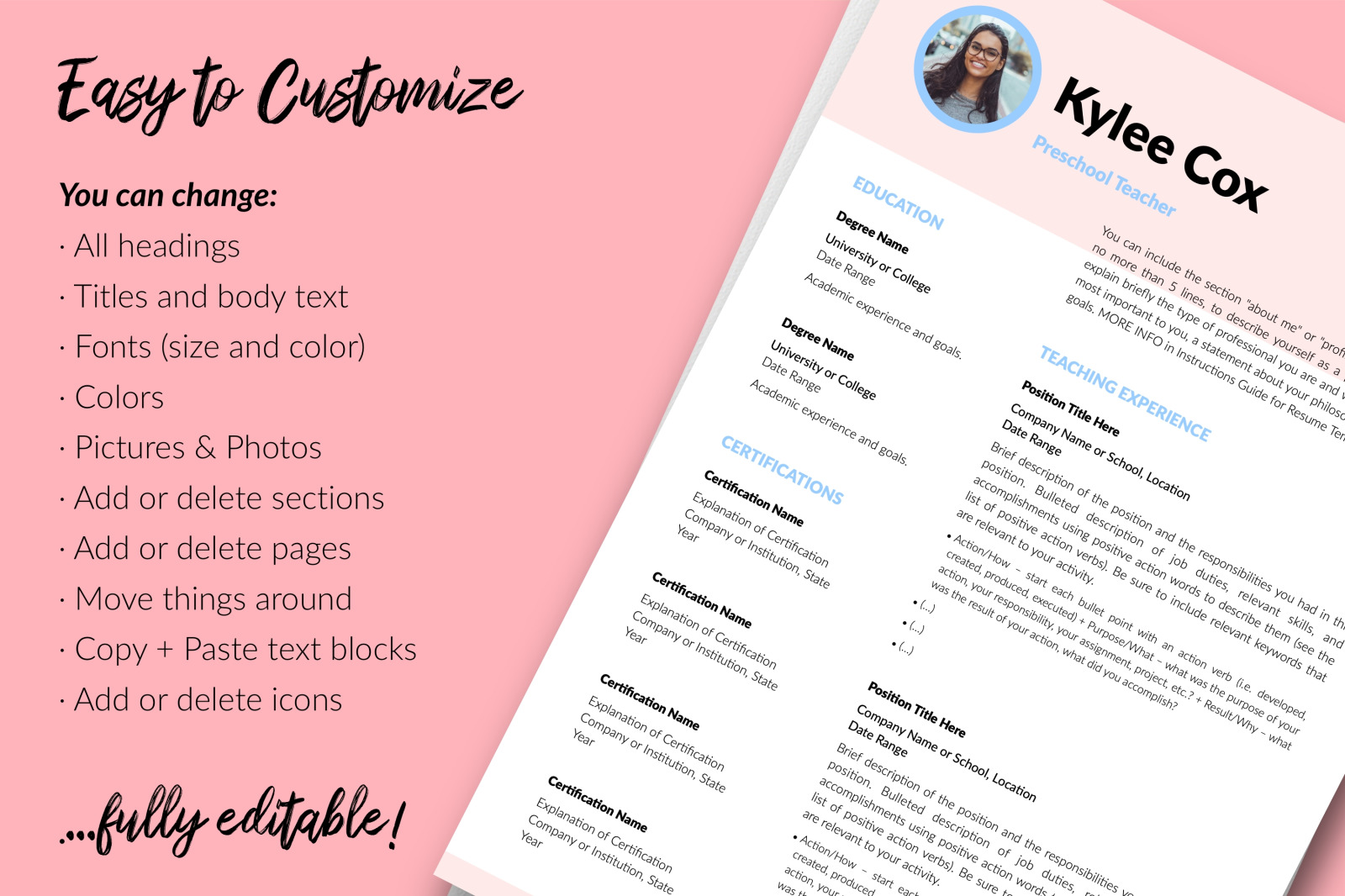 Teacher Resume Template for Microsoft Word &amp; Apple Pages // Kylie Cox CV Design Template