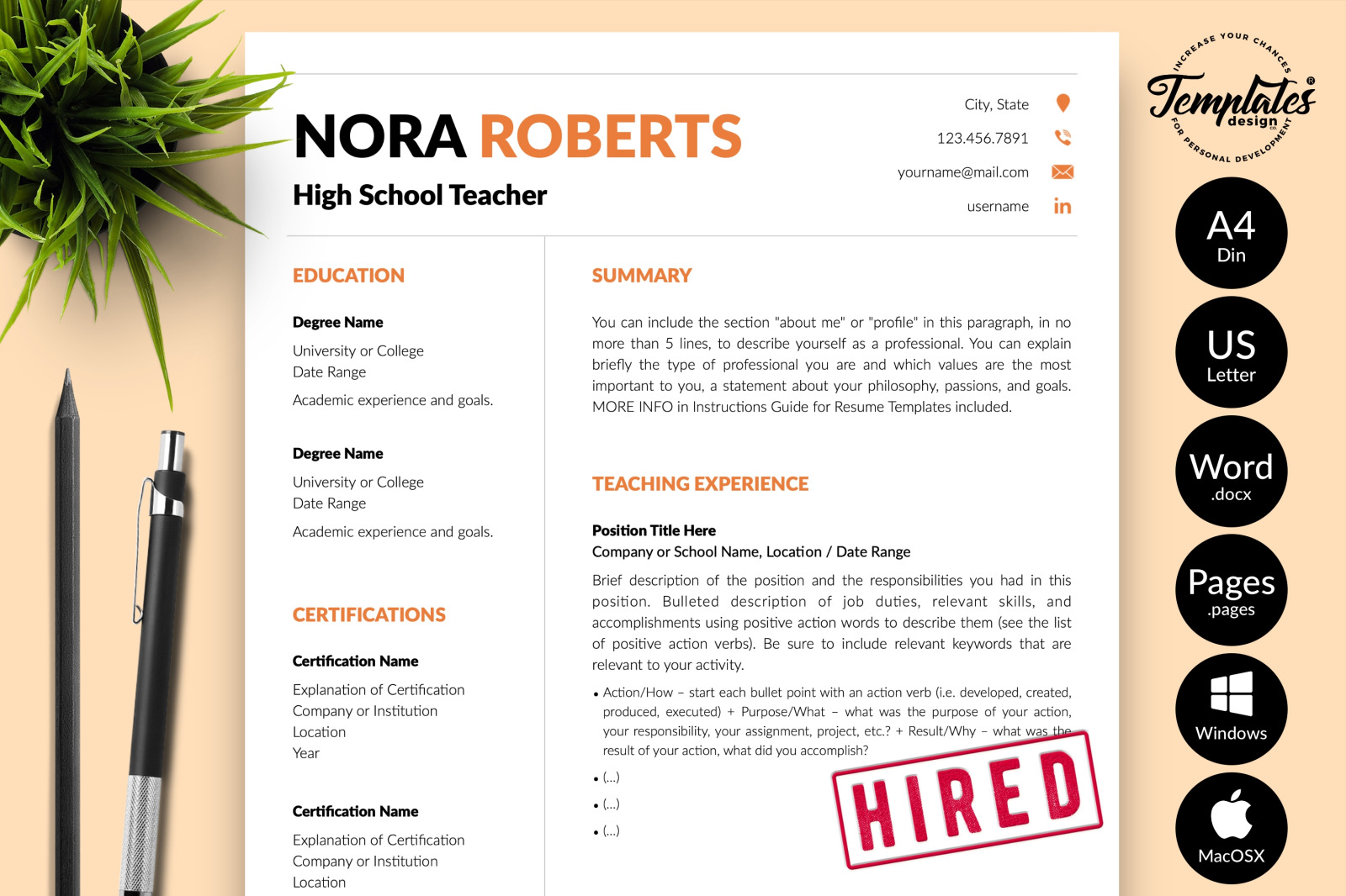 Teacher Resume Template for Microsoft Word &amp; Apple Pages // Nora Roberts CV Design Template