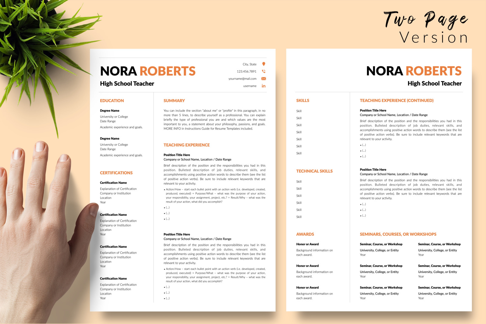 Teacher Resume Template for Microsoft Word &amp; Apple Pages // Nora Roberts CV Design Template