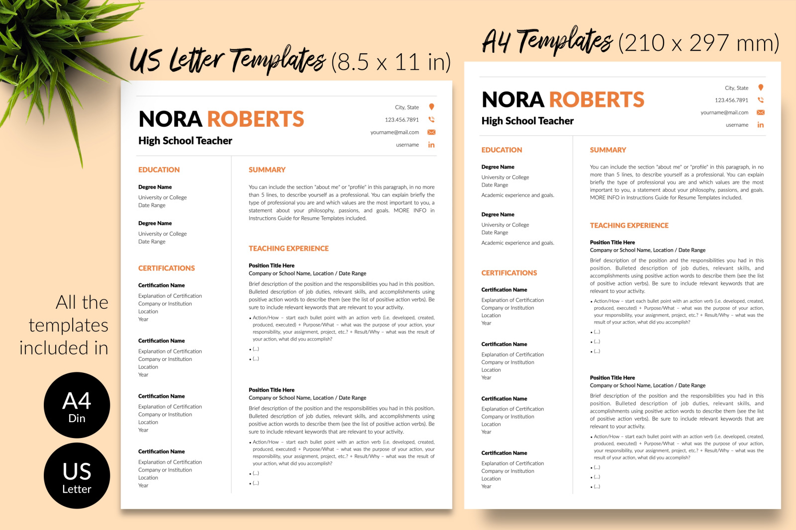 Teacher Resume Template for Microsoft Word &amp; Apple Pages // Nora Roberts CV Design Template