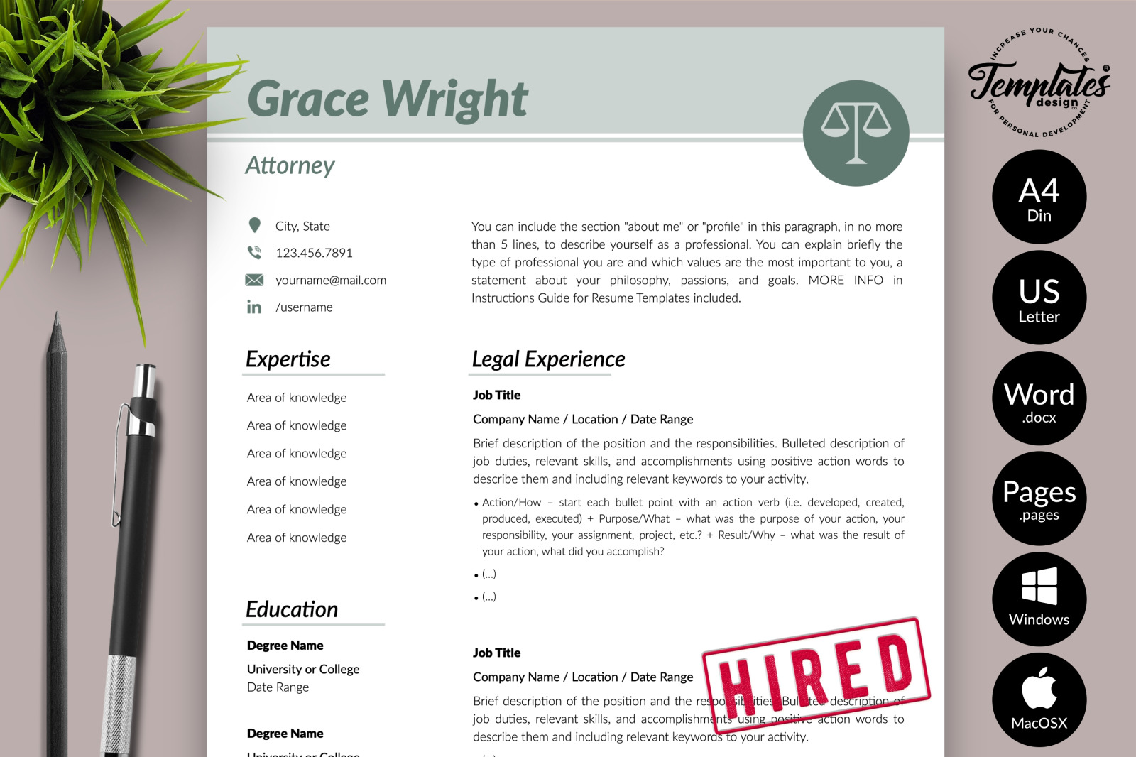 Legal Resume Template for Microsoft Word &amp; Apple Pages // Grace Wright CV Design Template