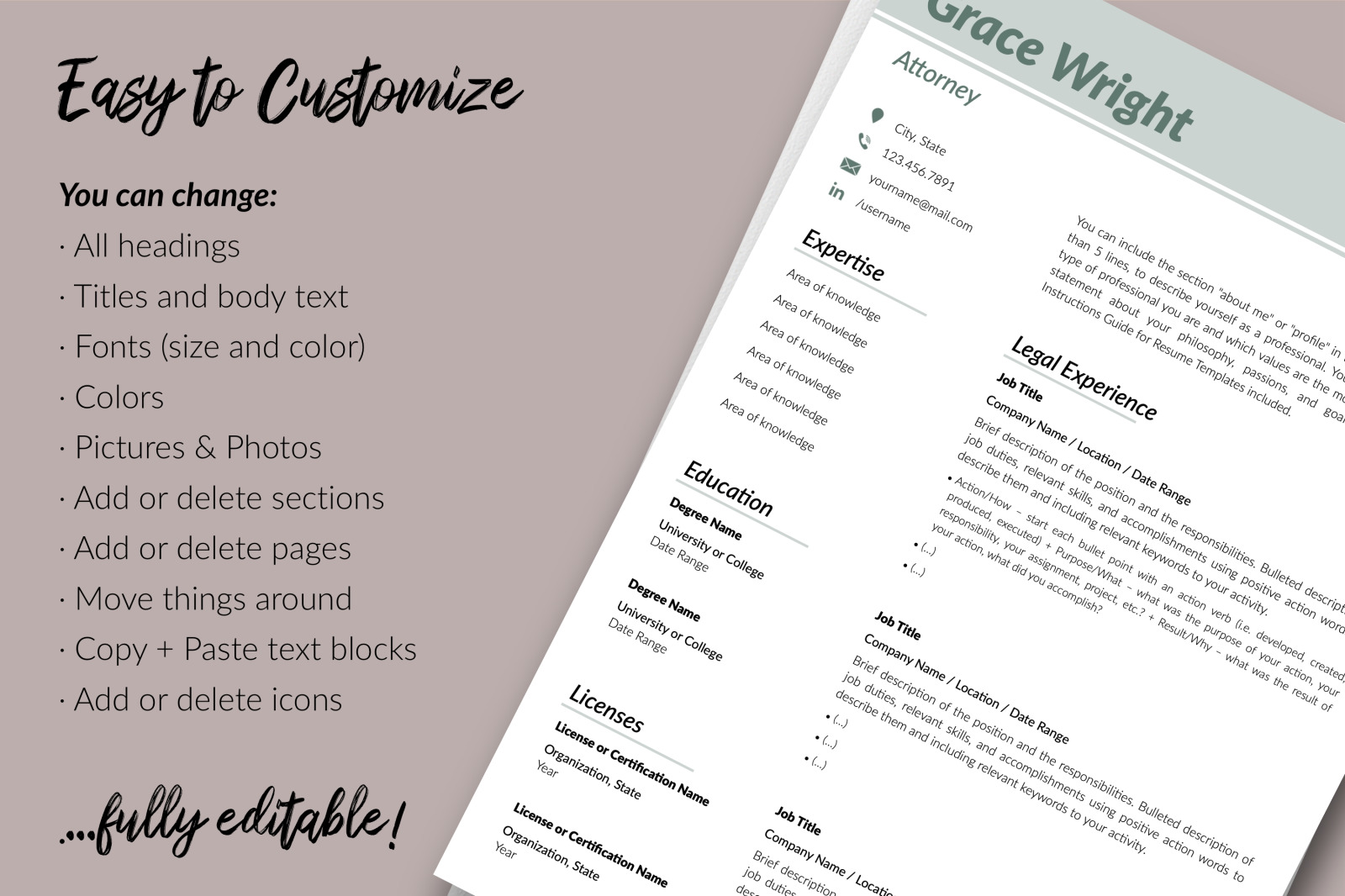 Legal Resume Template for Microsoft Word &amp; Apple Pages // Grace Wright CV Design Template