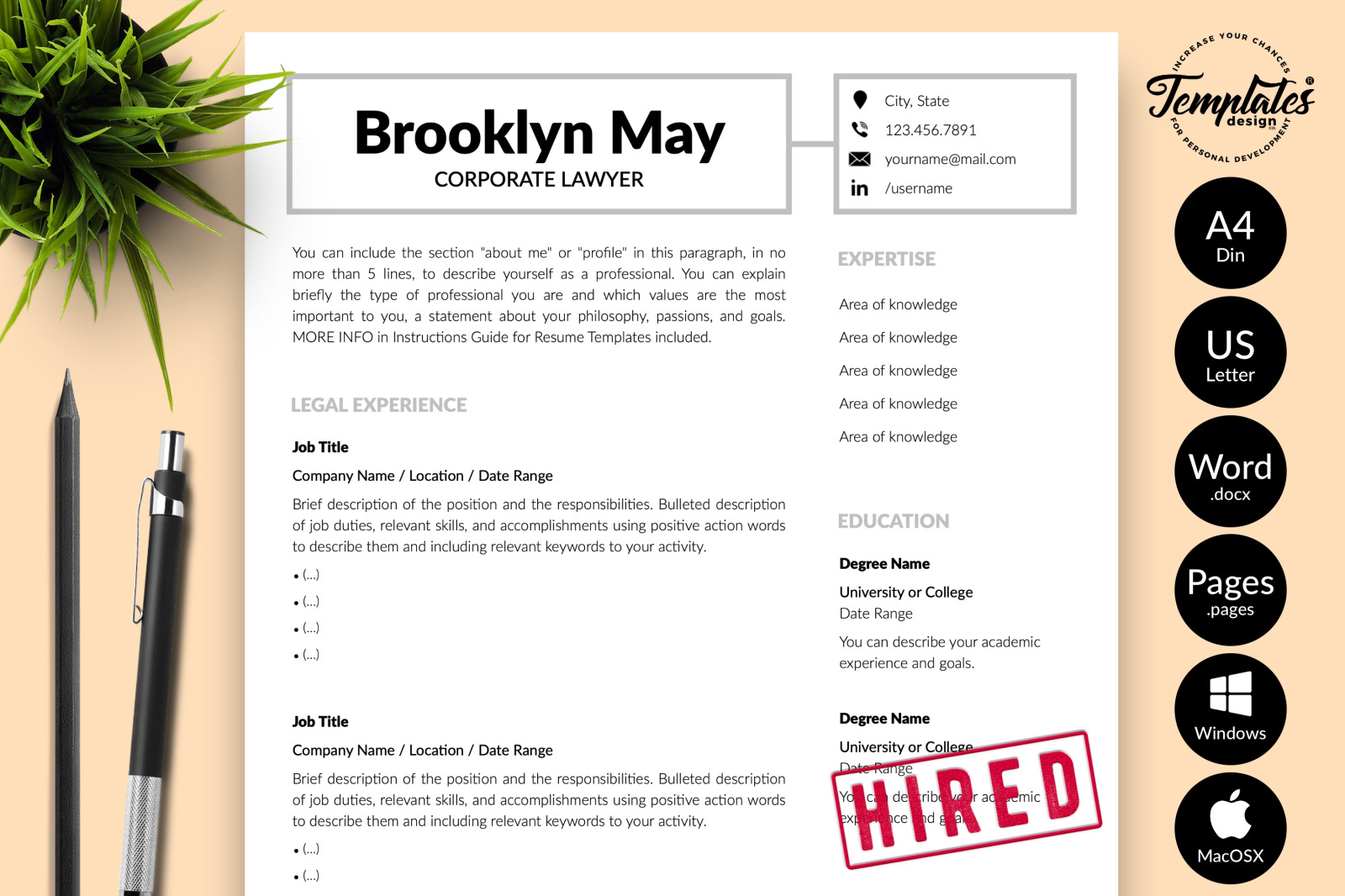 Legal Resume Template for Microsoft Word &amp; Apple Pages // Brooklyn May CV Design Template