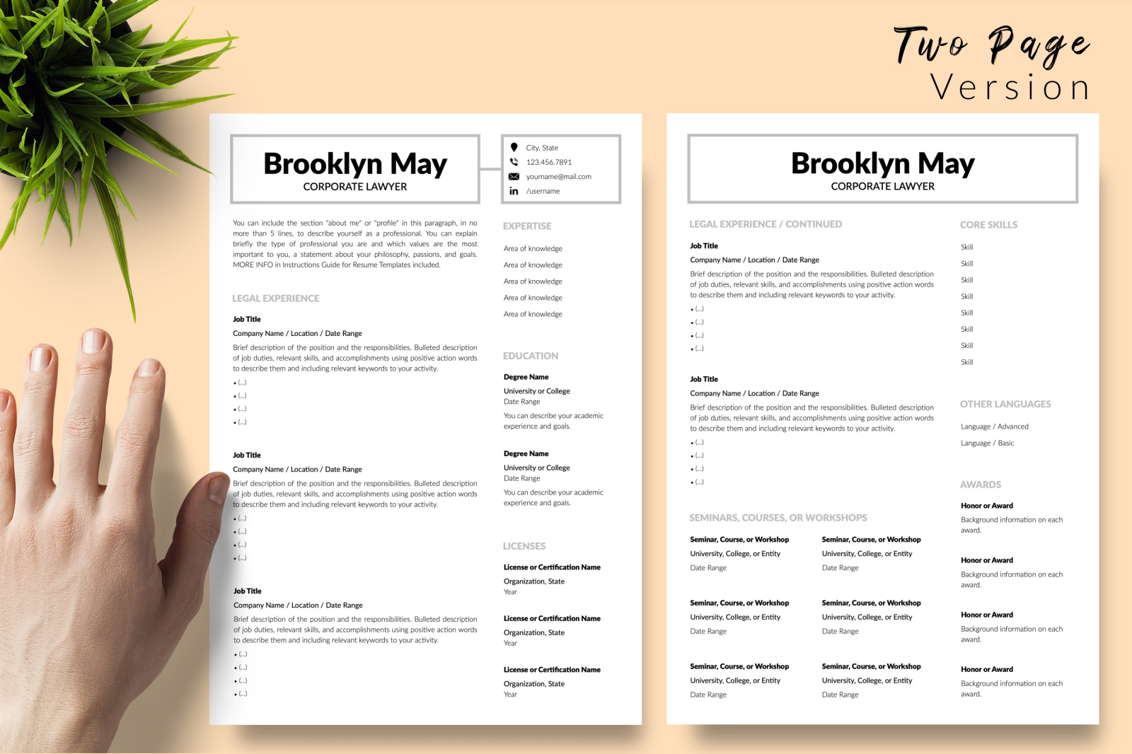 Legal Resume Template for Microsoft Word &amp; Apple Pages // Brooklyn May CV Design Template