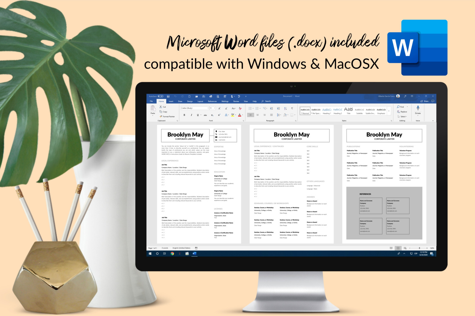 Legal Resume Template for Microsoft Word &amp; Apple Pages // Brooklyn May CV Design Template