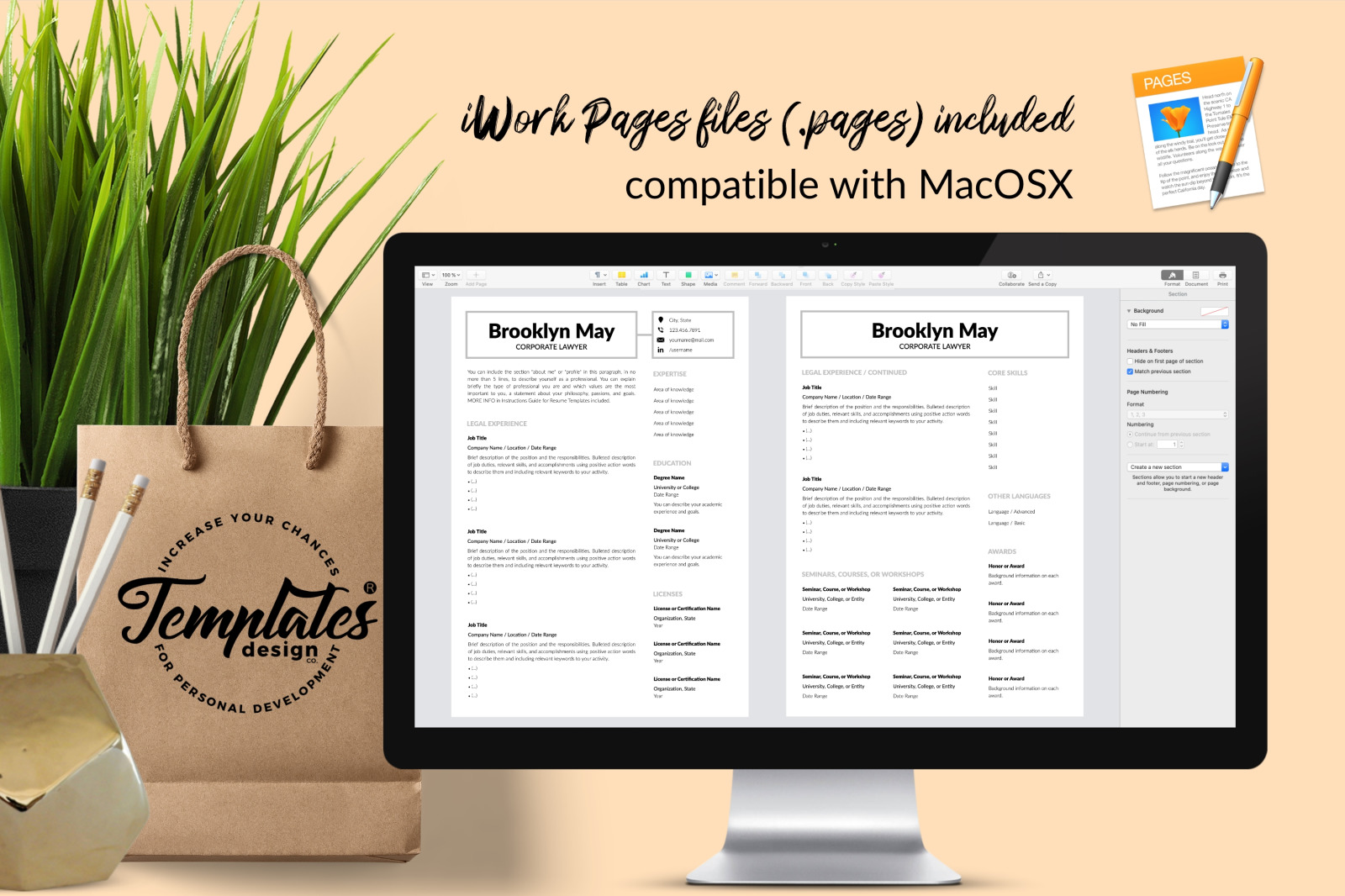 Legal Resume Template for Microsoft Word &amp; Apple Pages // Brooklyn May CV Design Template