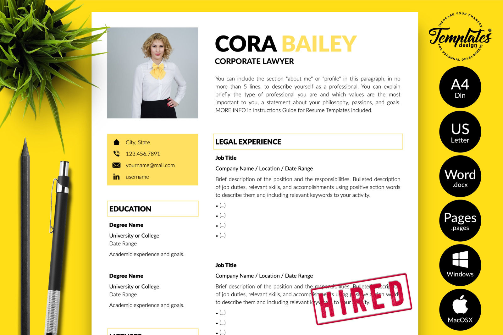 Legal Resume Template for Microsoft Word &amp; Apple Pages // Cora Bailey CV Design Template