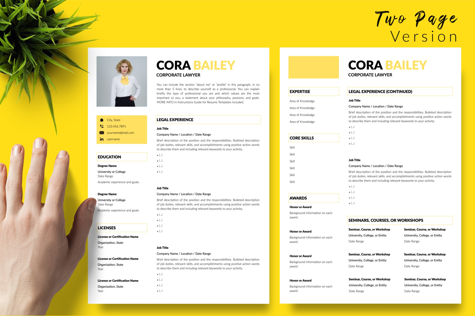 Legal Resume Template for Microsoft Word &amp; Apple Pages // Cora Bailey CV Design Template