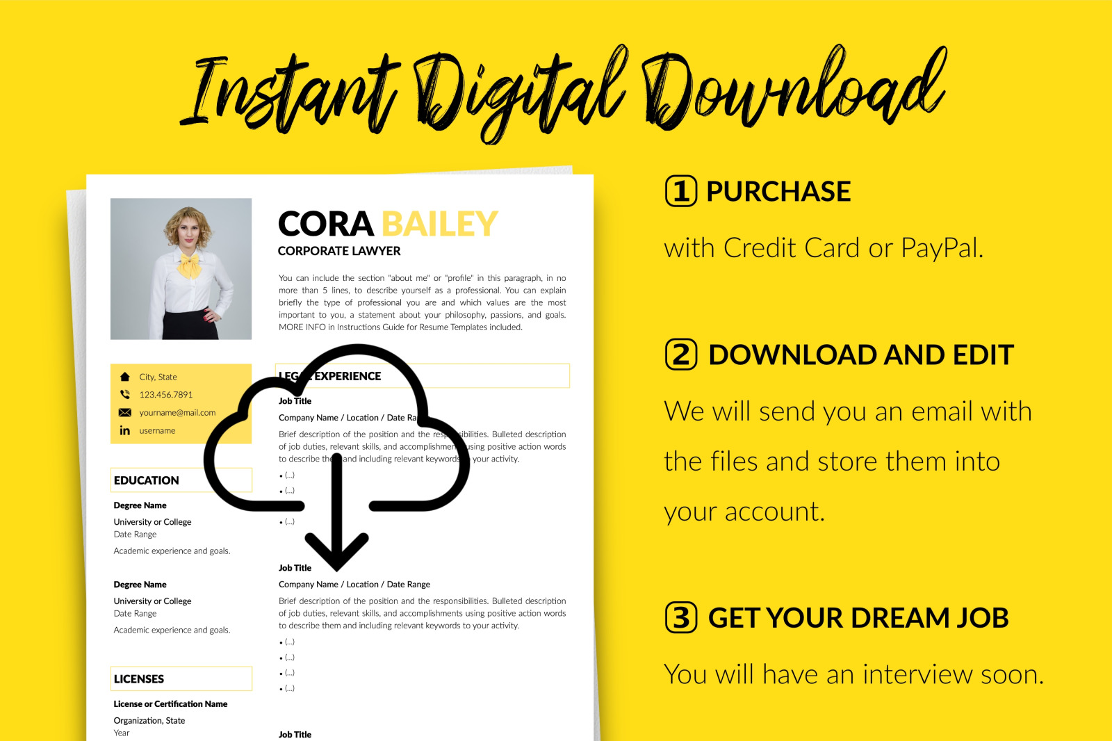 Legal Resume Template for Microsoft Word &amp; Apple Pages // Cora Bailey CV Design Template