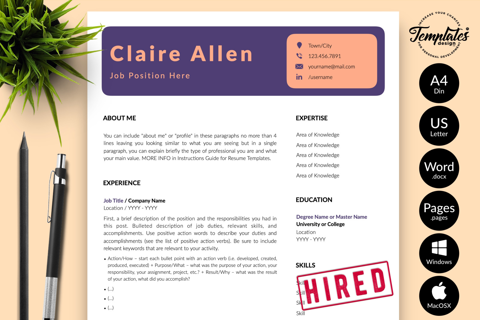 Creative Resume Template for Microsoft Word &amp; Apple Pages // Claire Allen CV Design Template