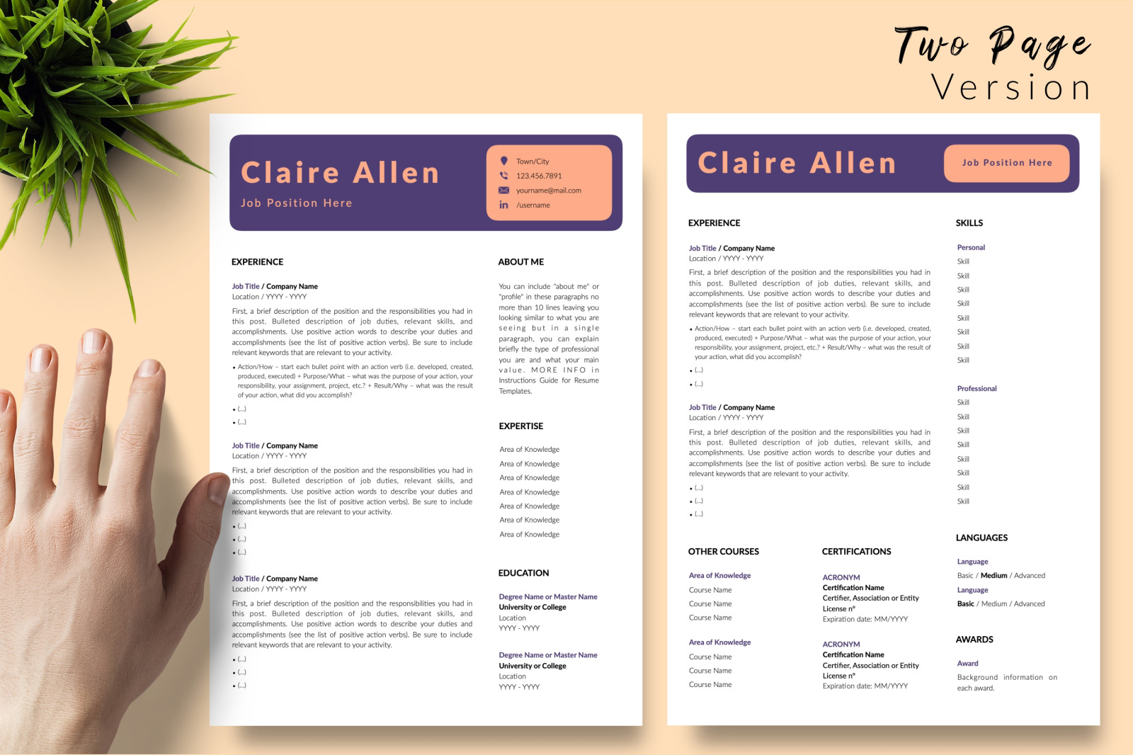 Creative Resume Template for Microsoft Word &amp; Apple Pages // Claire Allen CV Design Template