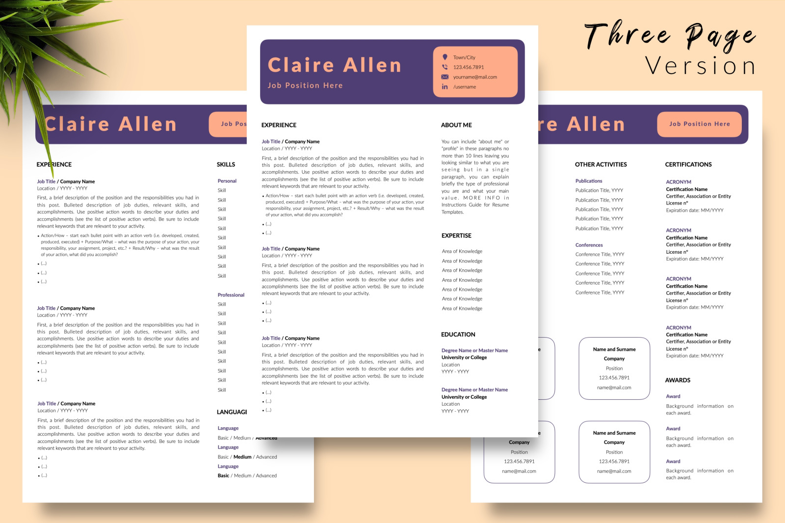 Creative Resume Template for Microsoft Word &amp; Apple Pages // Claire Allen CV Design Template