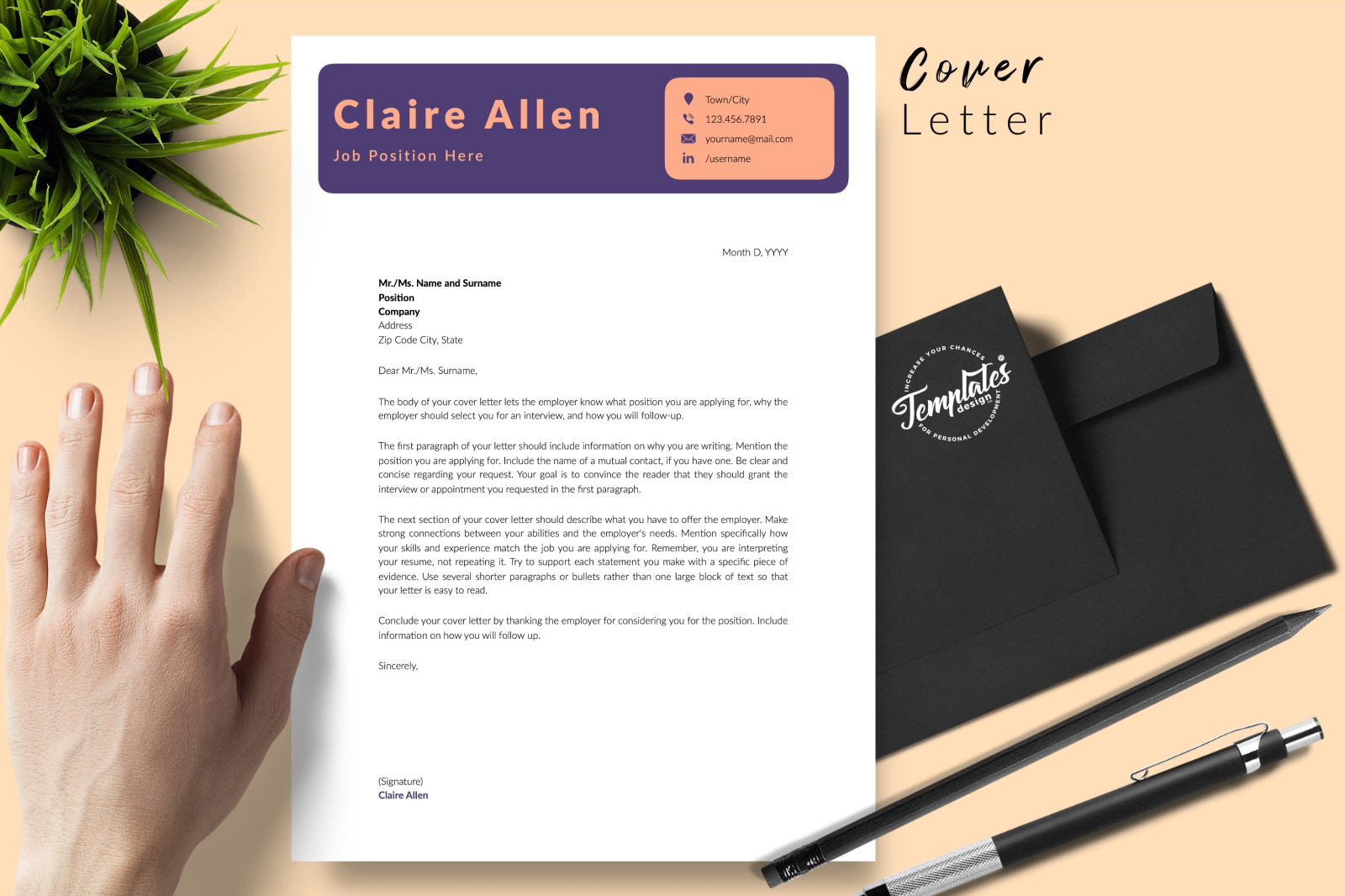 Creative Resume Template for Microsoft Word &amp; Apple Pages // Claire Allen CV Design Template