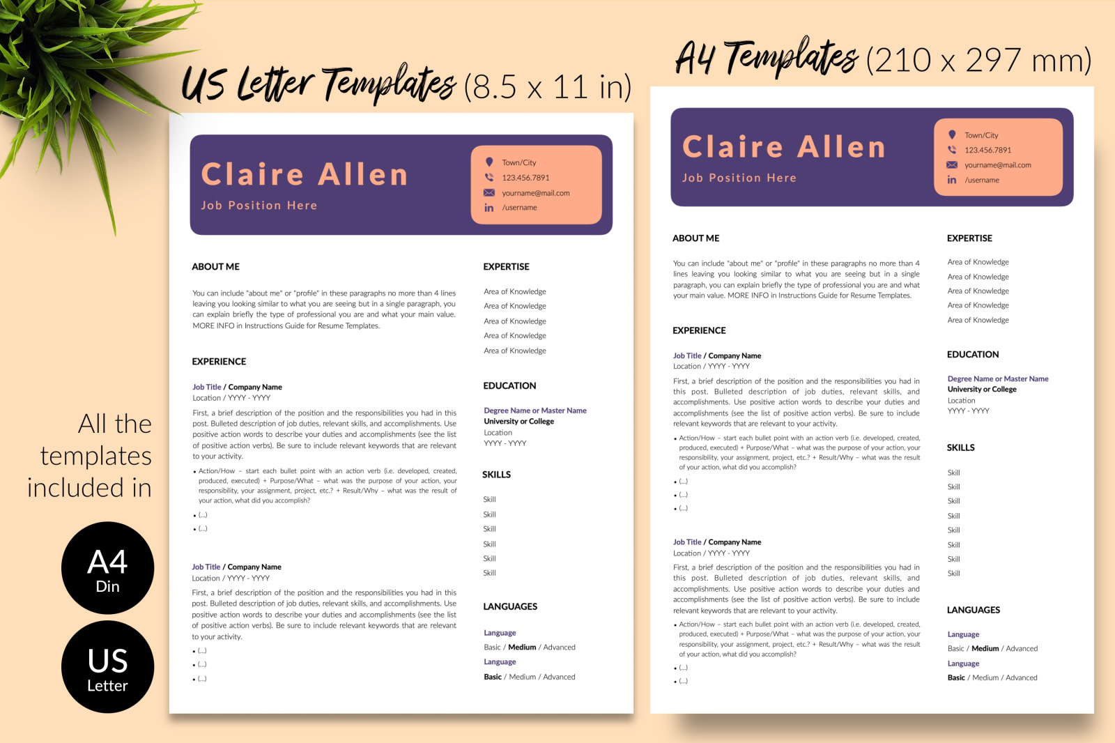 Creative Resume Template for Microsoft Word &amp; Apple Pages // Claire Allen CV Design Template