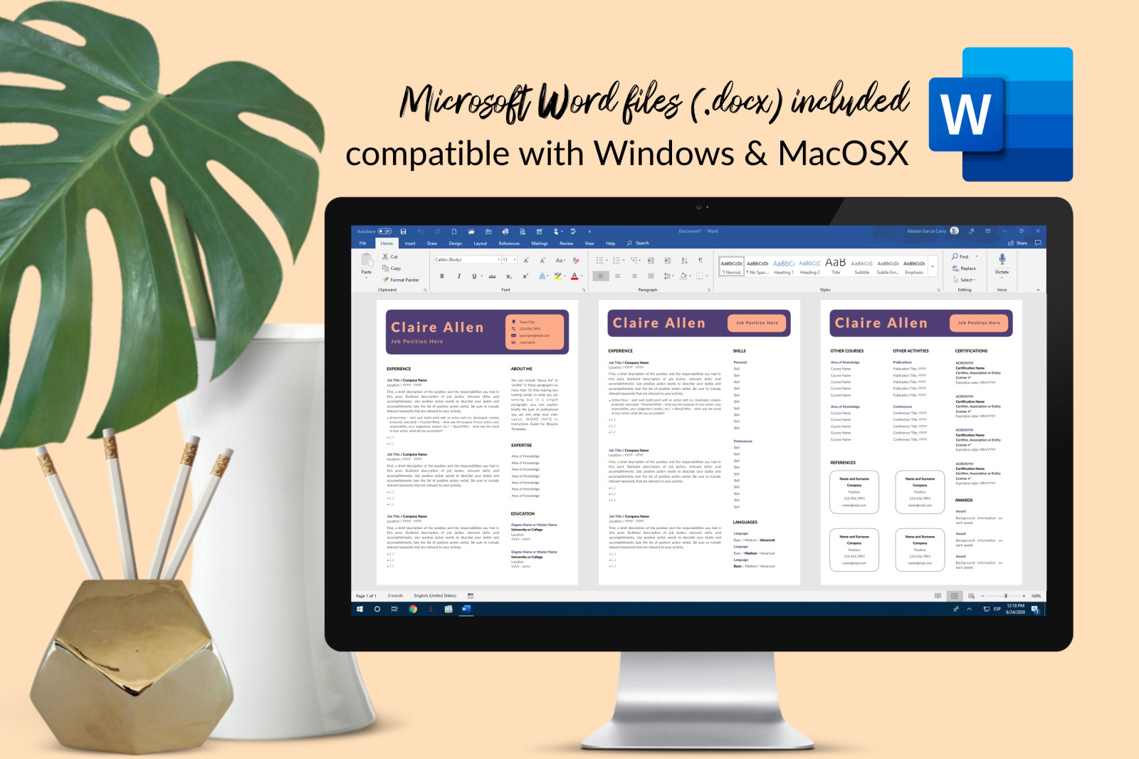 Creative Resume Template for Microsoft Word & Apple Pages // Claire Allen CV Design Template Creative Resume Template for Microsoft Word & Apple Pages // Claire Allen CV Design Template