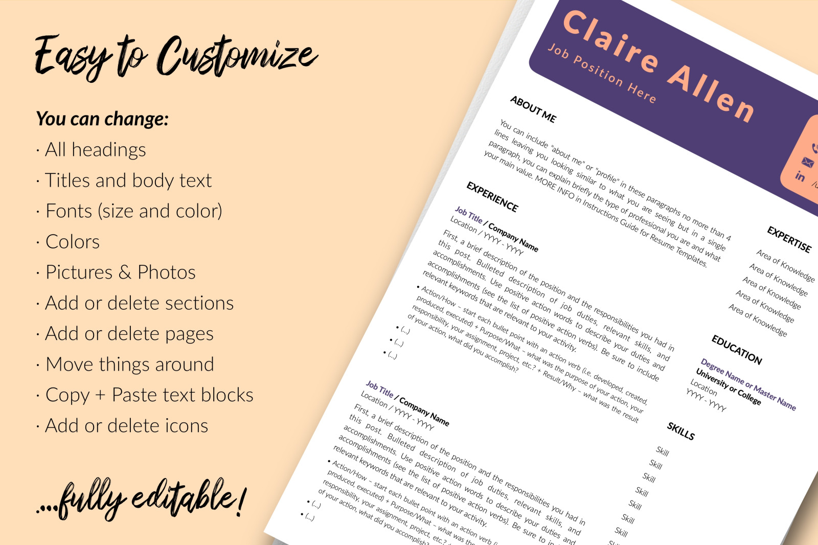 Creative Resume Template for Microsoft Word &amp; Apple Pages // Claire Allen CV Design Template