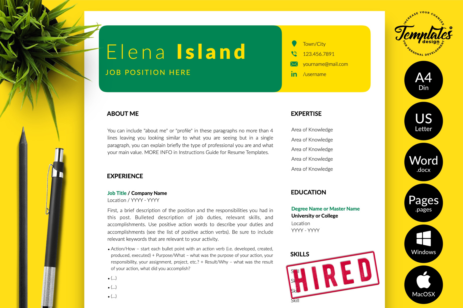 Creative Resume Template for Microsoft Word &amp; Apple Pages // Elena Island CV Design Template