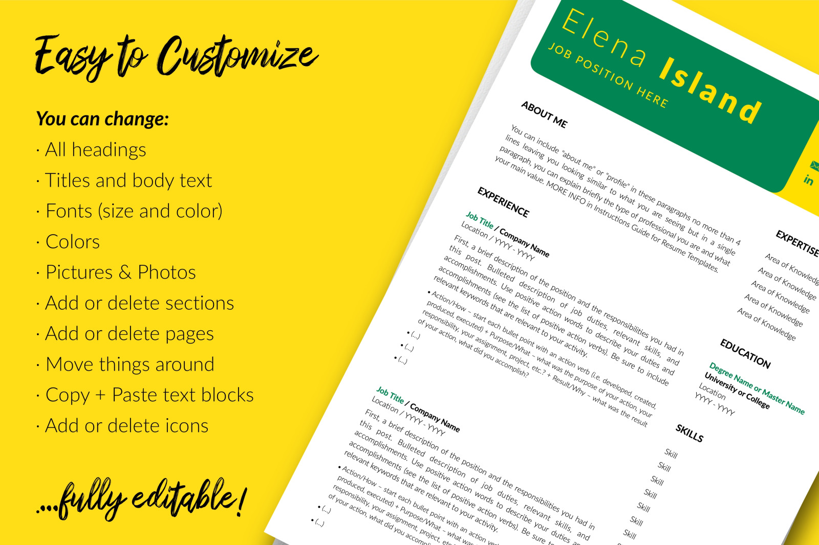 Creative Resume Template for Microsoft Word &amp; Apple Pages // Elena Island CV Design Template