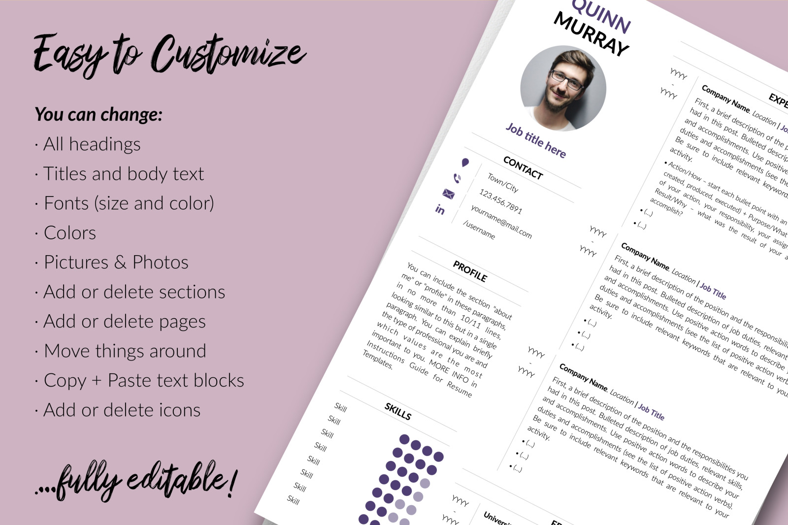 Modern Resume Template for Microsoft Word &amp; Apple Pages // Quinn Murray CV Design Template