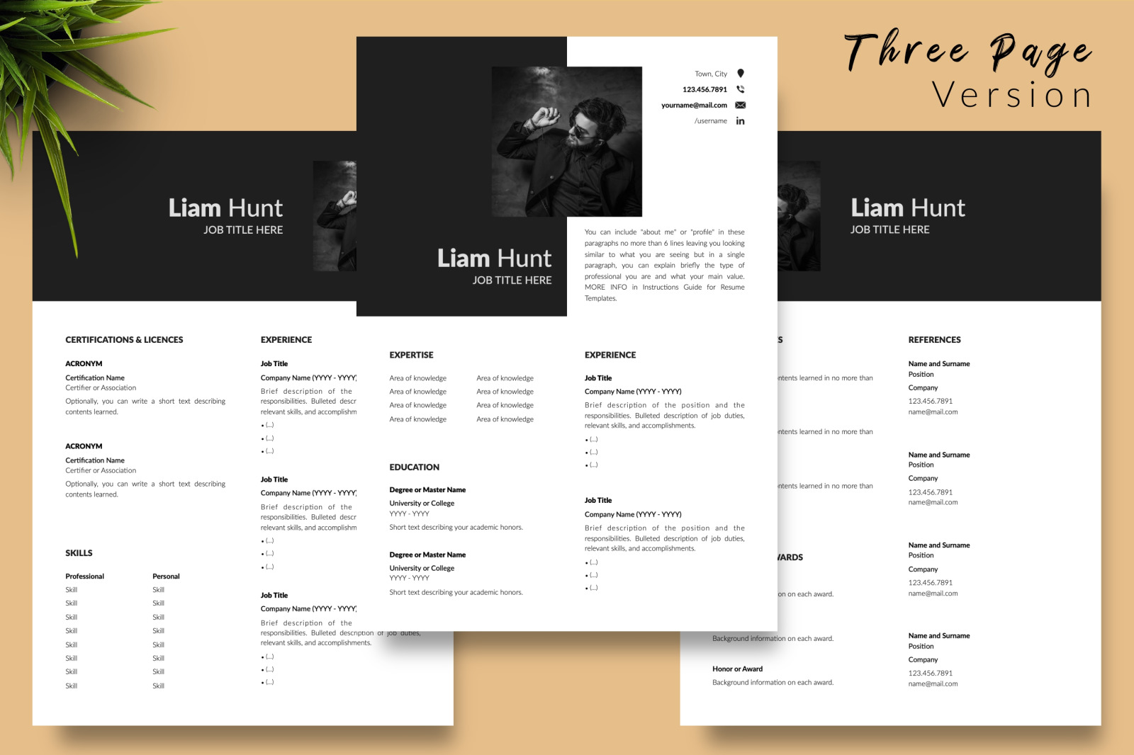 Modern Resume Template for Microsoft Word &amp; Apple Pages // Liam Hunt CV Design Template