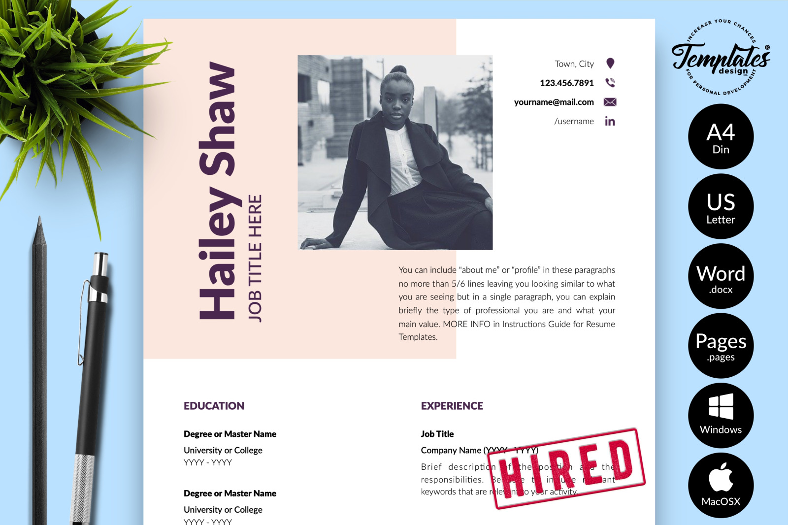 Modern Resume Template for Microsoft Word &amp; Apple Pages // Hailey Shaw CV Design Template