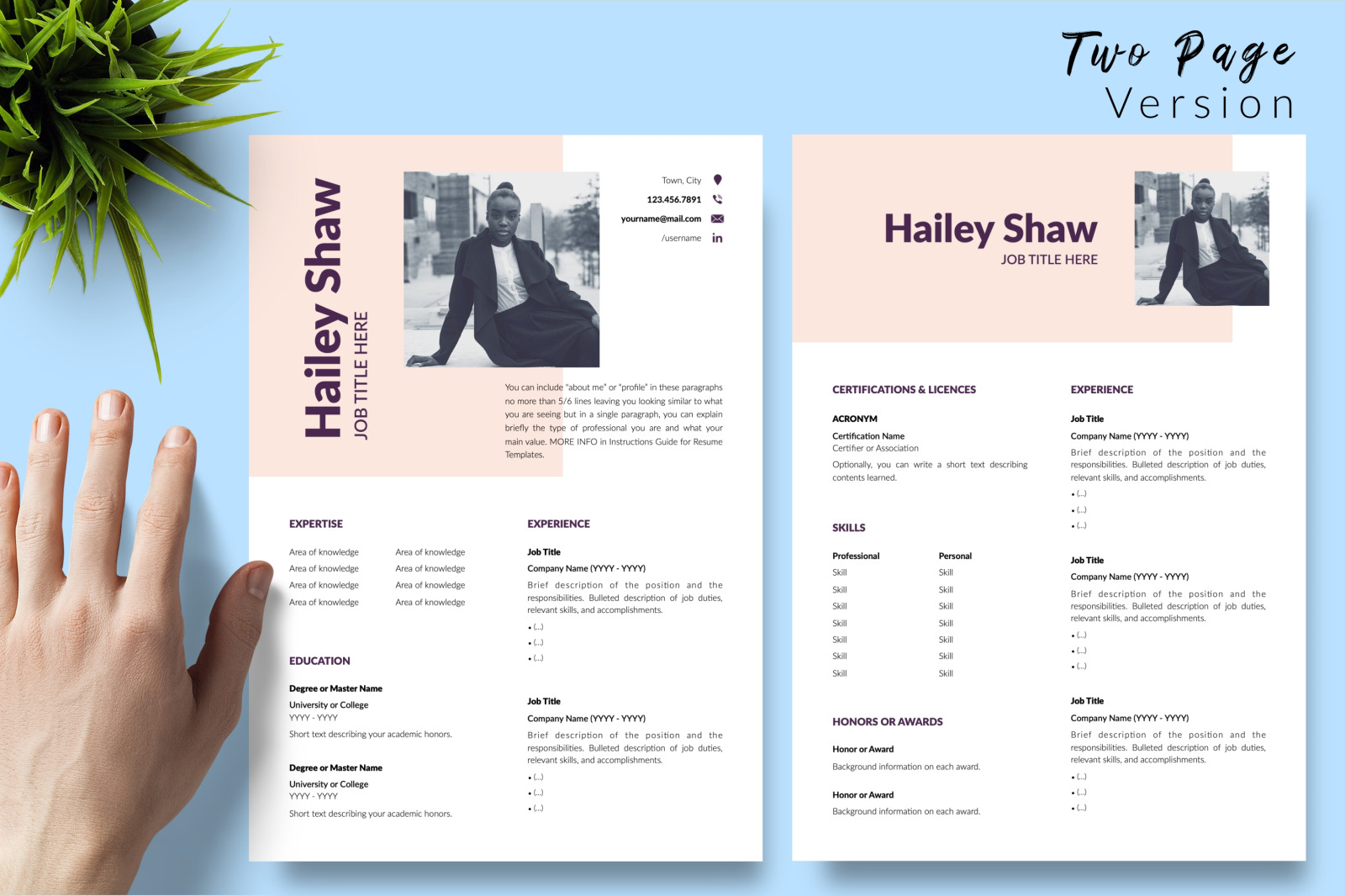 Modern Resume Template for Microsoft Word &amp; Apple Pages // Hailey Shaw CV Design Template