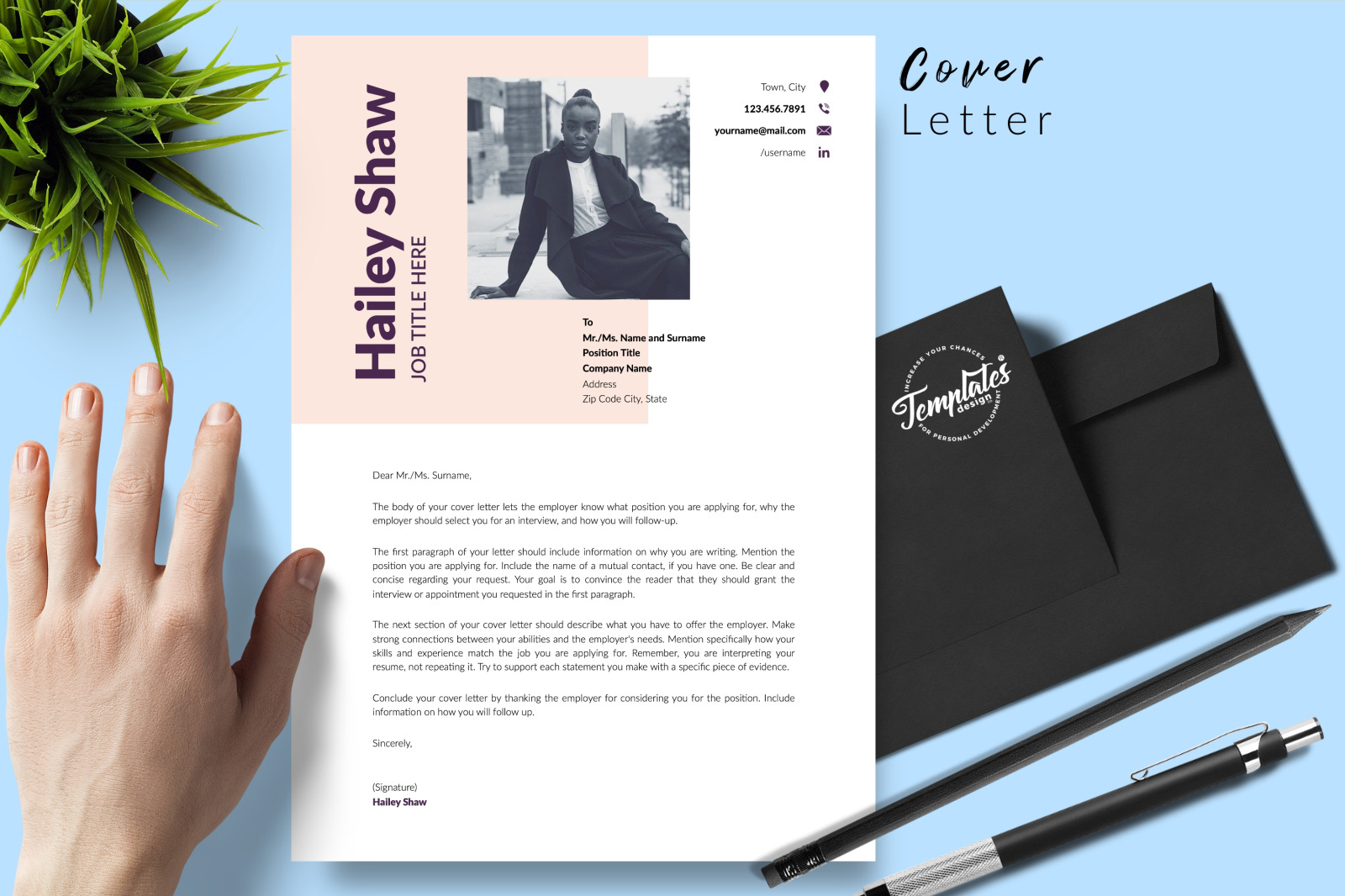 Modern Resume Template for Microsoft Word &amp; Apple Pages // Hailey Shaw CV Design Template