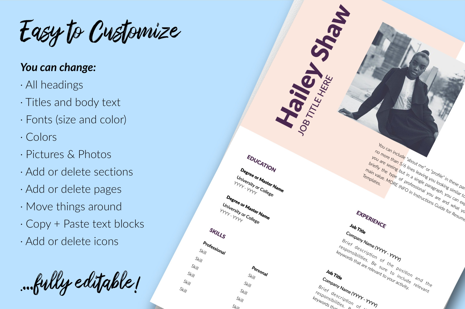 Modern Resume Template for Microsoft Word &amp; Apple Pages // Hailey Shaw CV Design Template