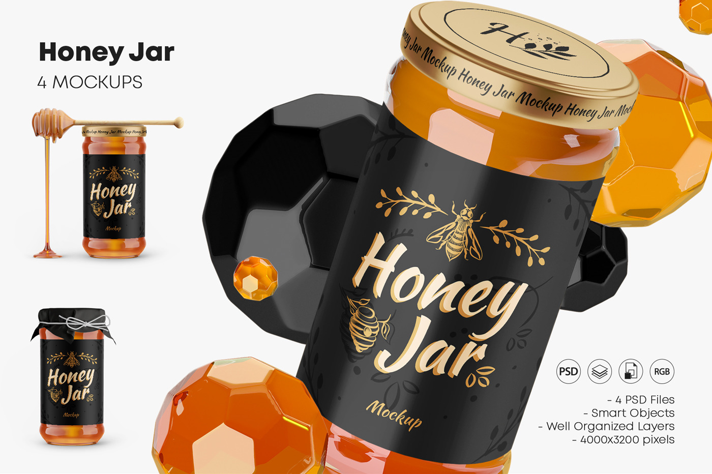 Honey Glass Jar Mockup Set Honey Glass Jar Mockup Set