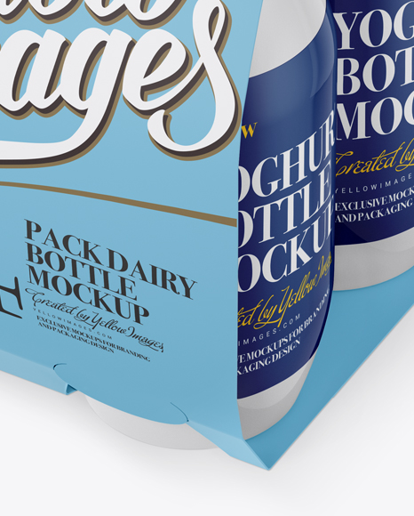 4 Pack Glossy Dairy Bottle Mockup - Halfside View (High Angle)