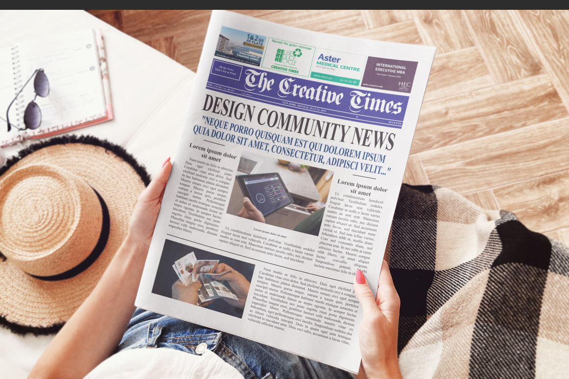 Girl Reading Newspaper Scene Mockup