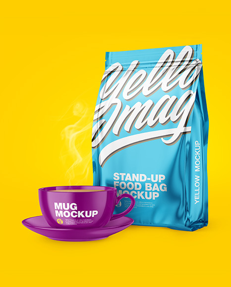 Metallic Stand-Up Bag with Coffee Mug Mockup