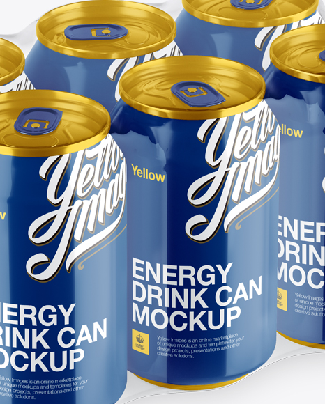 Transparent Pack with 6 Glossy Cans Mockup - Halfside View