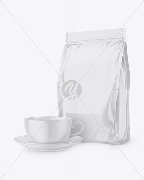 Glossy Stand-Up Bag with Matte Coffee Mug Mockup