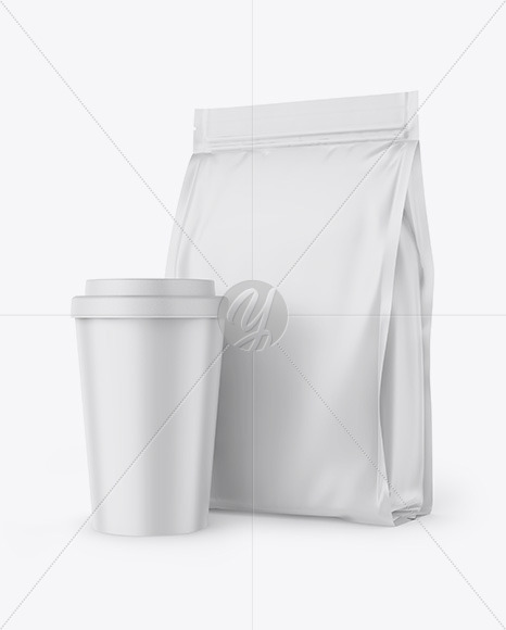 Matte Stand-Up Bag with Coffee Cup Mockup