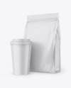 Matte Stand-Up Bag with Coffee Cup Mockup