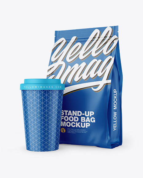 Matte Stand-Up Bag with Coffee Cup Mockup