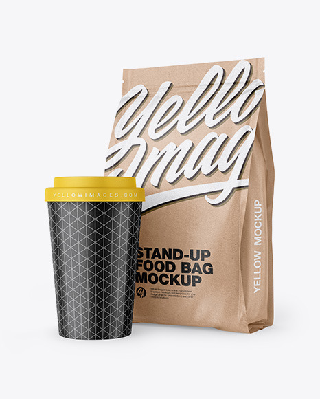 Kraft Stand-Up Bag with Coffee Cup Mockup