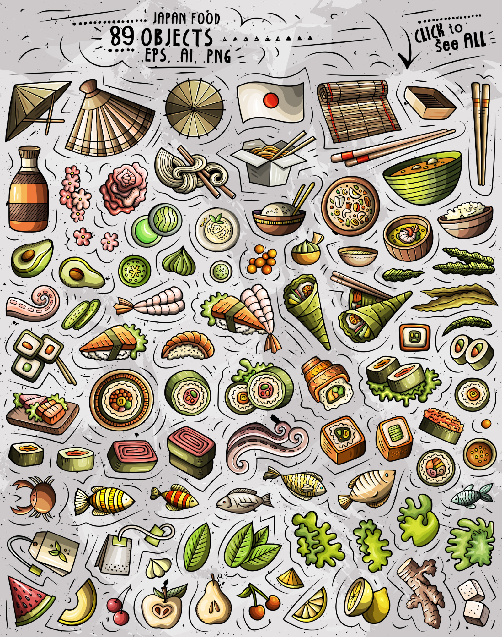 Japan Food Cartoon Vector Objects Set