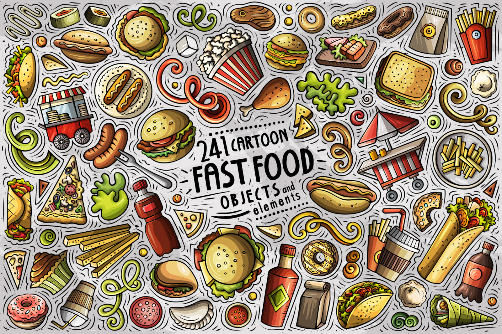 Fast Food Cartoon Vector Objects Set