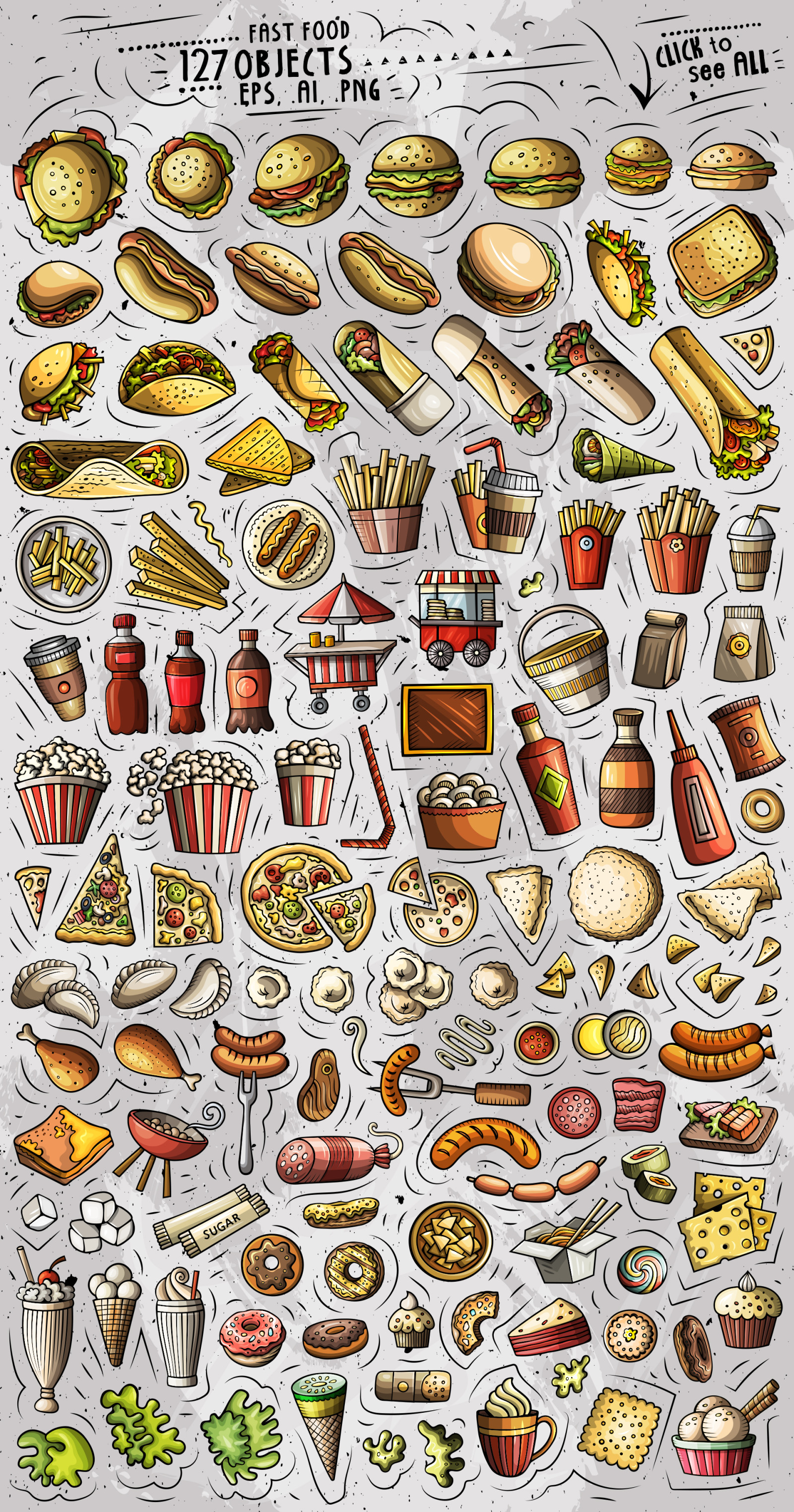 Fast Food Cartoon Vector Objects Set