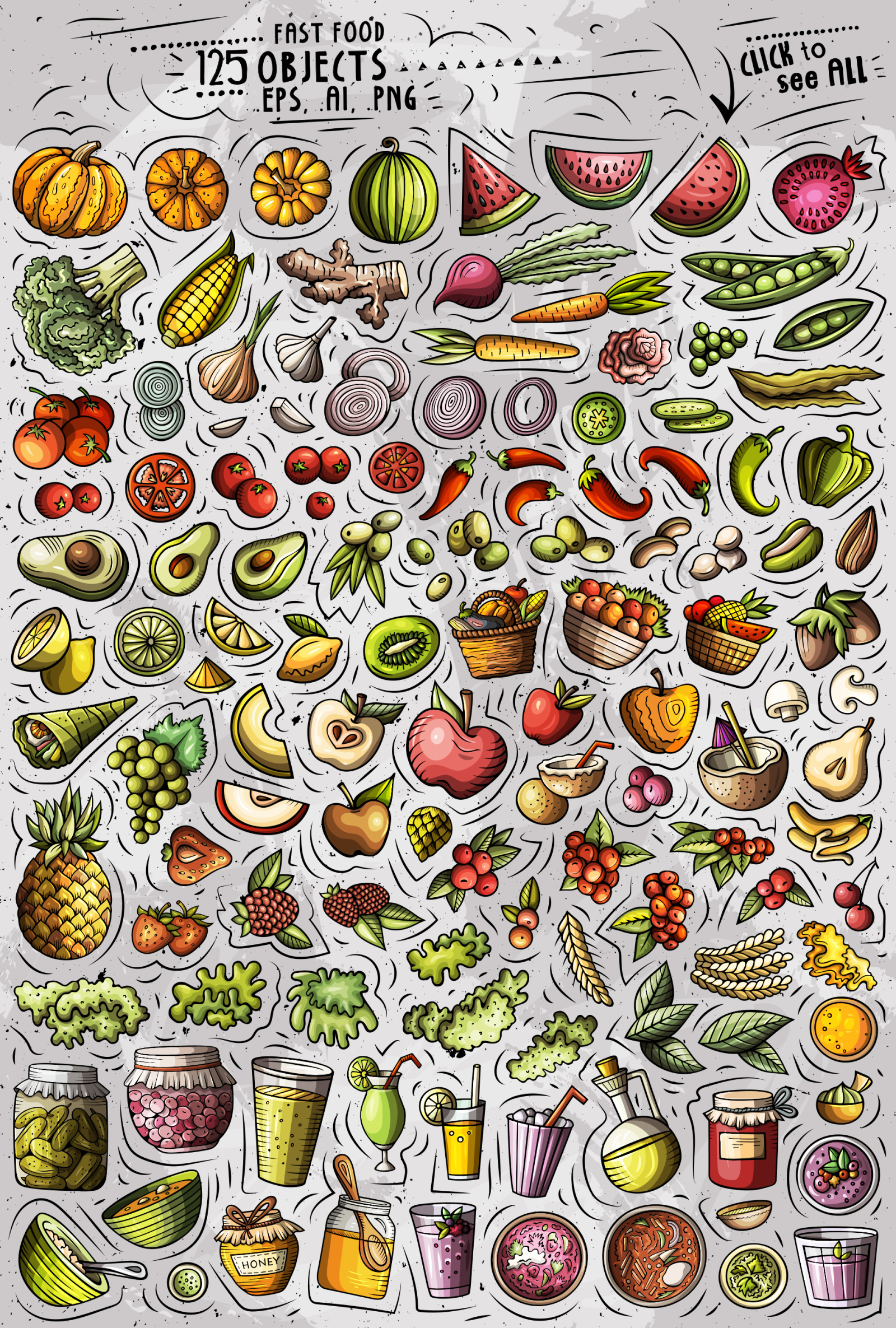 Vegan Food Cartoon Vector Objects Set