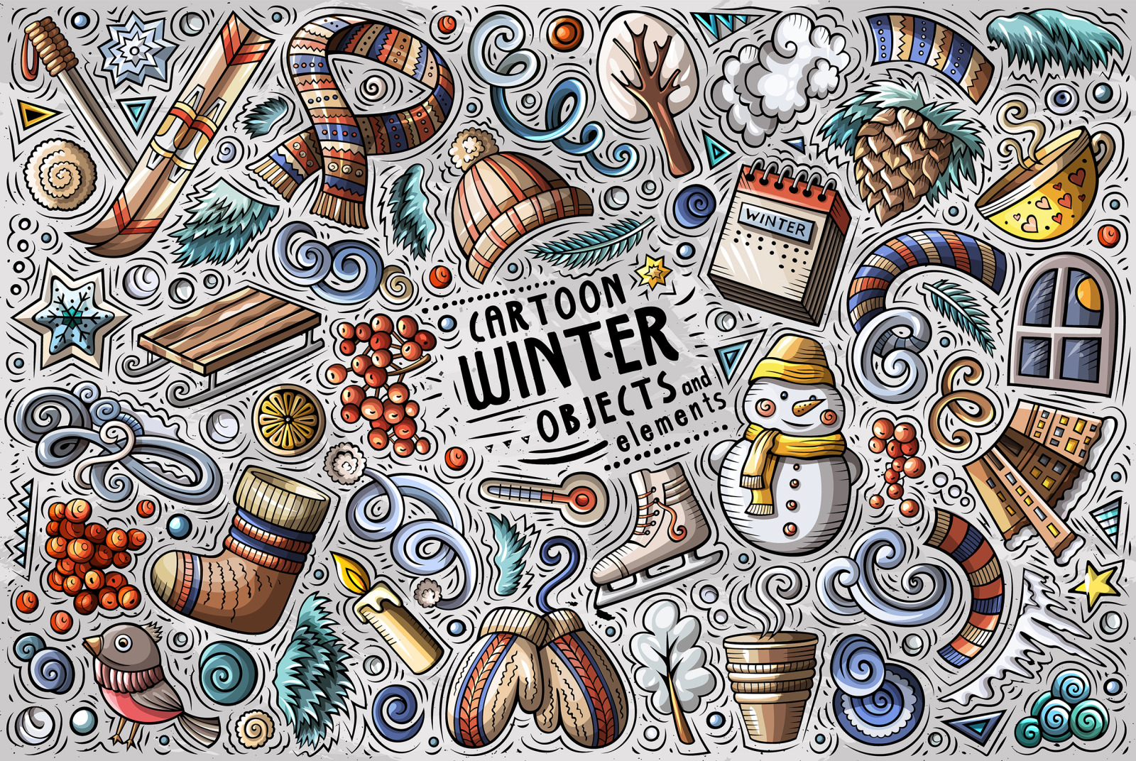 Winter Cartoon Vector Objects Set